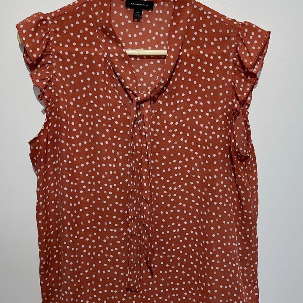 Tamara H. Womens Brown White Polka Dot Tie Neck Ruffled Cap Sleeve Blouse Medium
